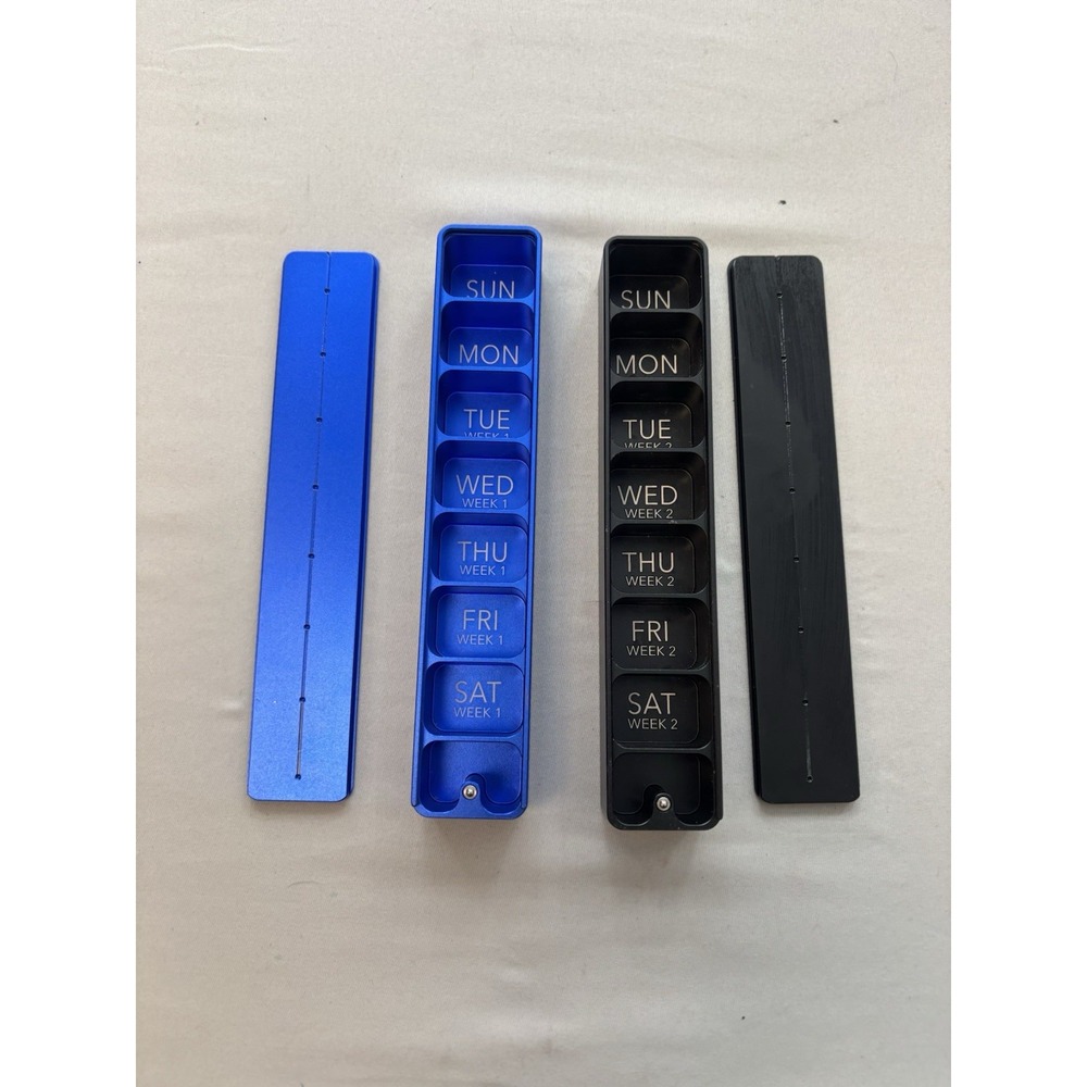 Ikigai Weekly Magnetic Metal Pill Case Blue and Black Aluminum Organizer Set